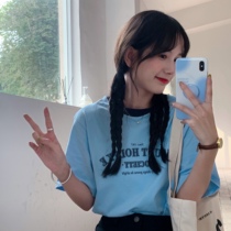 SINGSOONG short sleeve pure cotton blue fresh hit color letter printed summer loose t-shirt round collar blouses women ins