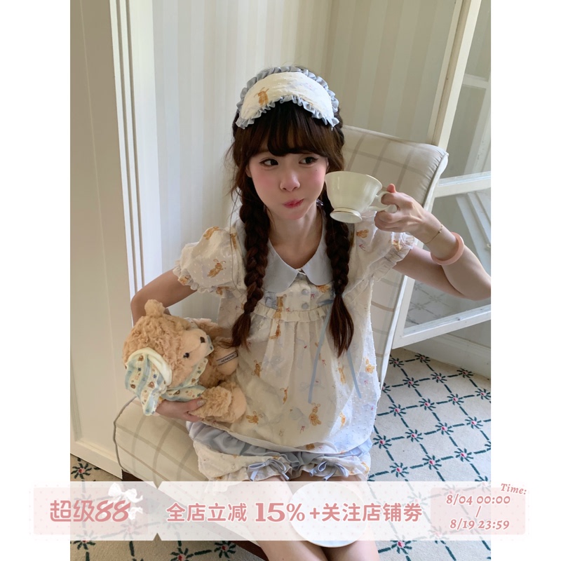 Sleepy Bunny Cute Little Rabbit A-Line Color-Block Doll Collar Shirt with Bowknot and Cuffed Pants Loungewear Set