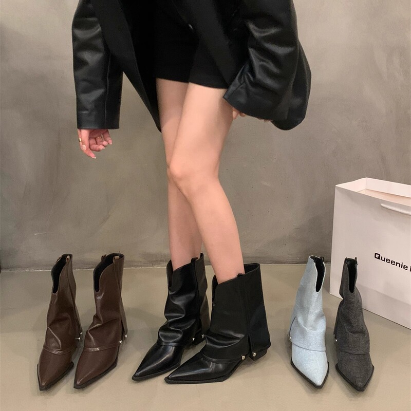 Brand Genuine Leather Chunky Heel Pointed Toe Bootie Street Style Short Boots for Women 2025 Autumn New Summer Brown Western Cowboy Boots