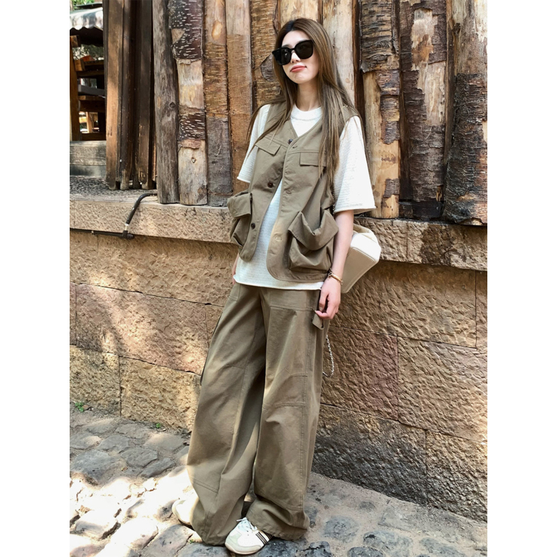 Summer Fashion Loose Retro Casual Sports Suit Women's Vest Short-Sleeved Workwear Wide-Leg Pants Hong Kong Style Three-Piece Set