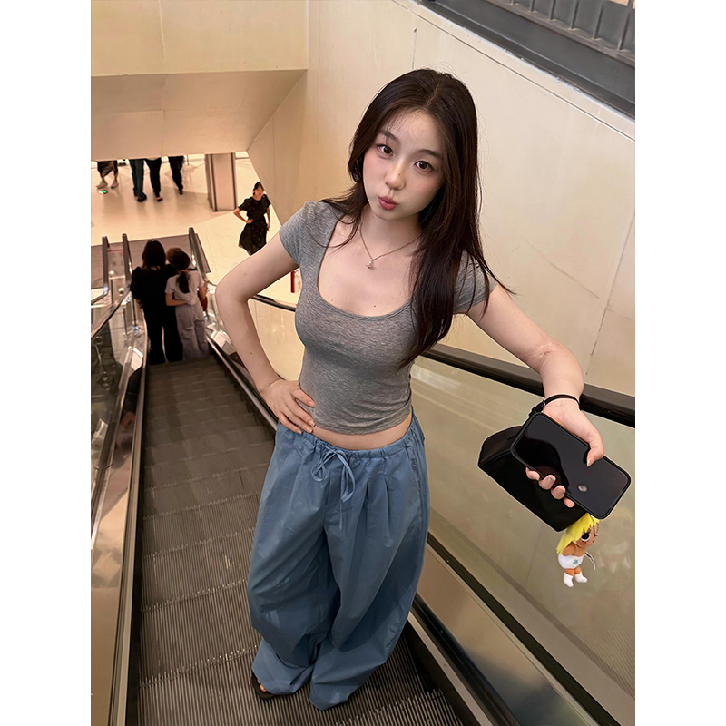 Slimming Ootd Casual Sports Suit for Women, Summer Regular Shoulder Short-Sleeve High-Waist Drawstring Scimitar Pants Fashion Two-Piece Set