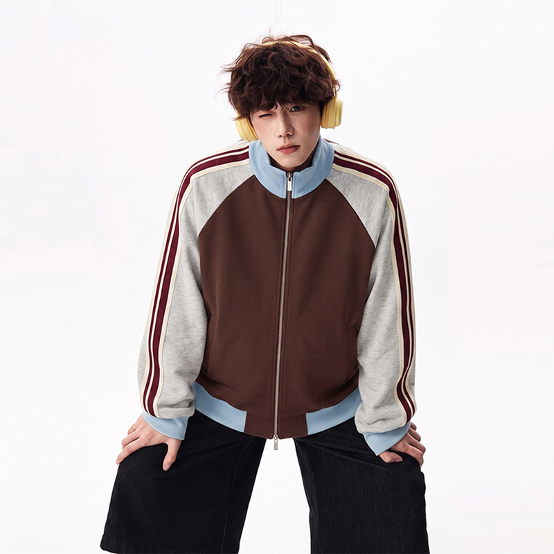 American Retro Color-Block Striped Patchwork Stand-Up Collar Jacket for Men, Autumn and Winter Loose Casual Heavyweight Sports School Uniform Jacket