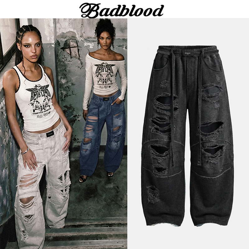 Badblood American Retro Ripped Jeans for Men and Women, Casual Loose Wide-Leg Pants, Street Style Scimitar Pants, Floor-Length Pants Badblood American Retro Ripped Jeans for Men and Women, Casual Loose Wide-Leg Pants, Street Style Scimitar Pants, Floor-Length Pants