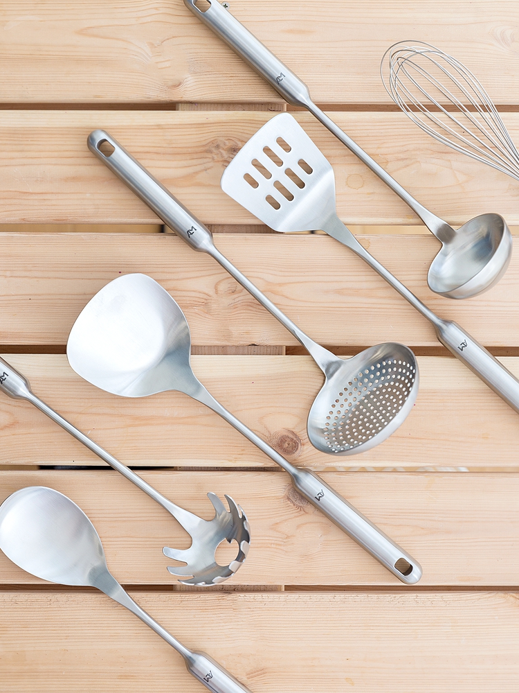 Germany 18 10 stainless steel round handle full set cooking spoon shovel 7 pieces spatula soup spoon colander frying shovel kitchen set