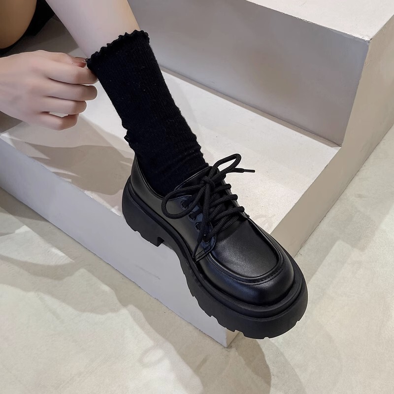 British Style Thick-Soled Leather Shoes for Women 2025 Autumn New Glossy Lace-Up Loafers Preppy Style Platform Shoes