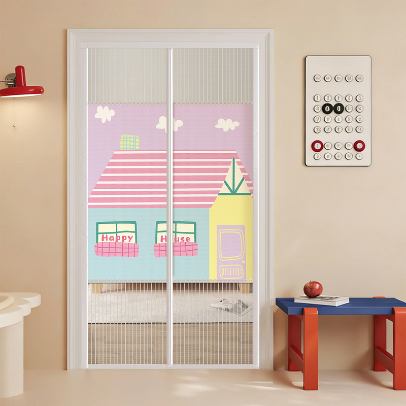 Fairy Tale Wooden House Mosquito Net Magnetic Door Curtain, No-Drill Installation, Home Bedroom Partition Curtain, Breathable and Privacy-Shielding Curtain