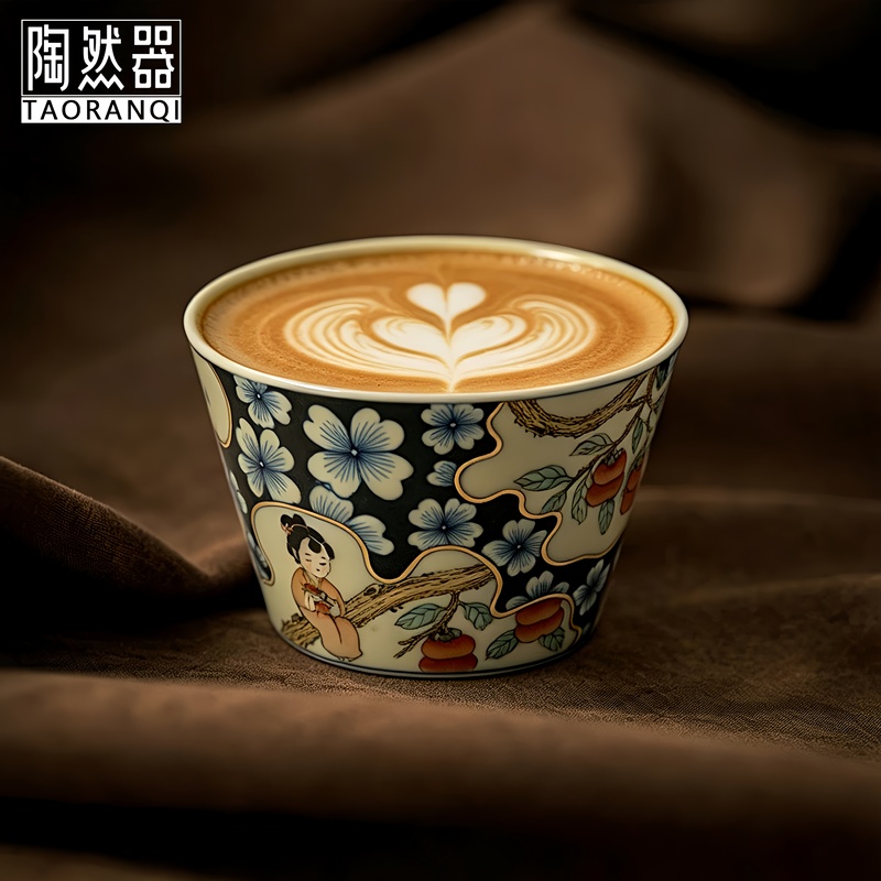 Blue and White Porcelain Coffee Cup with Hand-Painted Lady and Persimmon Design, Antique Style, High Aesthetic Ceramic Hand-Held Pig Mouth Cup, Mug Blue and White Porcelain Coffee Cup with Hand-Painted Lady and Persimmon Design, Antique Style, High Aesthetic Ceramic Hand-Held Pig Mouth Cup, Mug