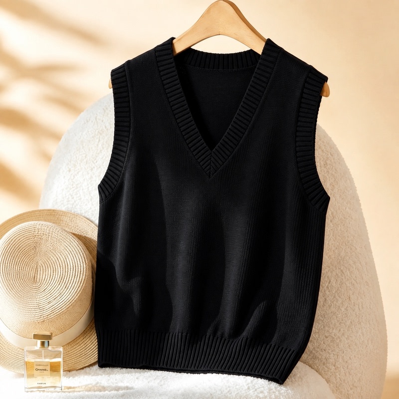 100% Pure Cotton, Elegant and Luxurious Style, V-Neck Knitted Vest for Women, Black Sleeveless Vest, Loose Fit, Slimming, Versatile for Layering