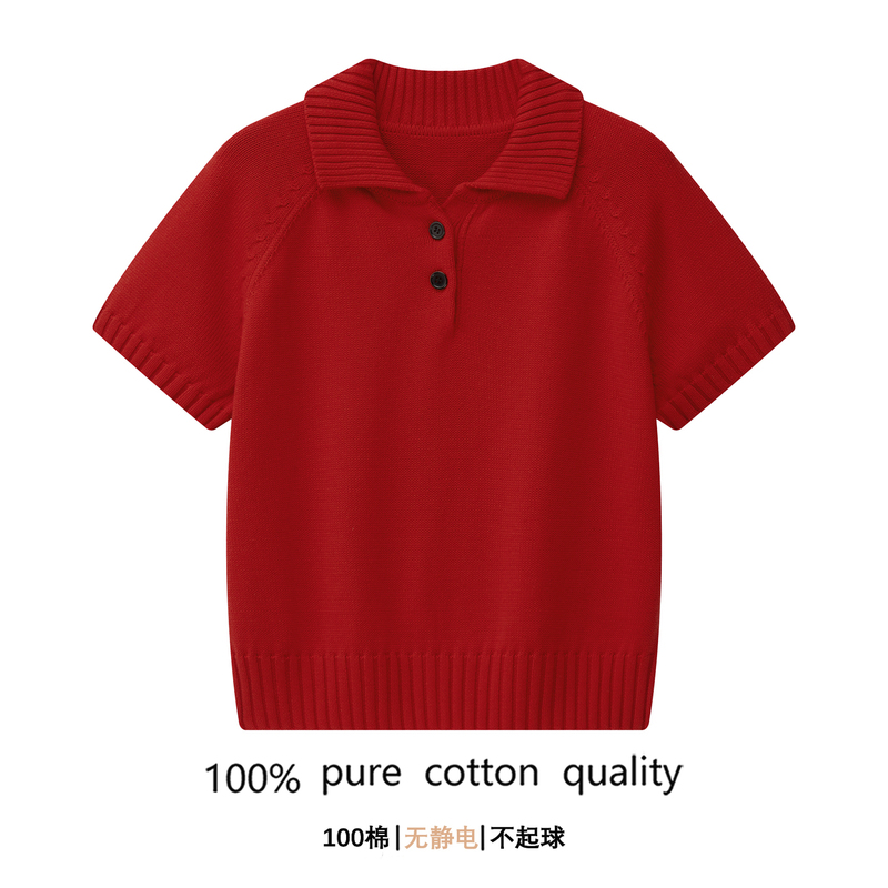 100% Pure Cotton Simple Polo Collar Short-Sleeved Knitwear for Women, Red Elegant Layered Slimming Sweater