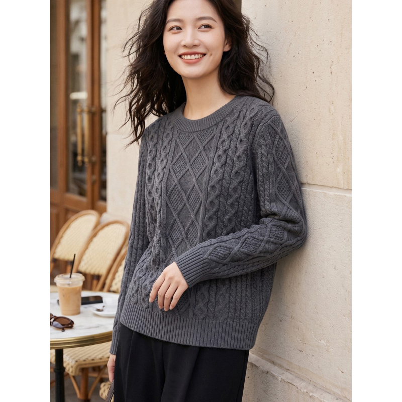 100% Pure Cotton Comfortable Texture Women's Gray Cable Knit Round Neck Sweater Knitwear Autumn and Winter Thick Inner Layer Top