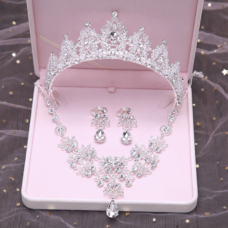 Baroque Style Crown Wedding Bride Super Fairy-Like Headpiece Gift Accessories Necklace Three-Piece Set Korean Style Wedding Jewelry