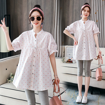 Pregnant womens clothing spring and summer clothing set out fashion short sleeve loose T-shirt tide mother personality a foreign style personality on clothes