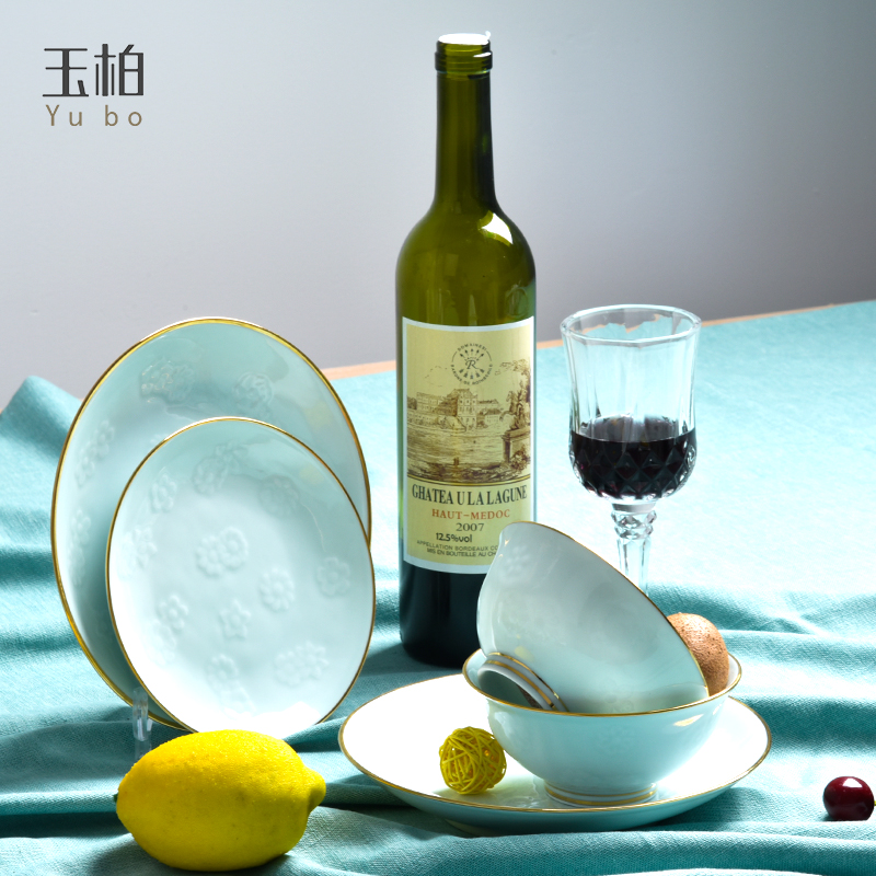 Jade BaiLingLong jingdezhen porcelain shadow blue glaze hand - carved and the head of household of Chinese style suits for the modern tableware