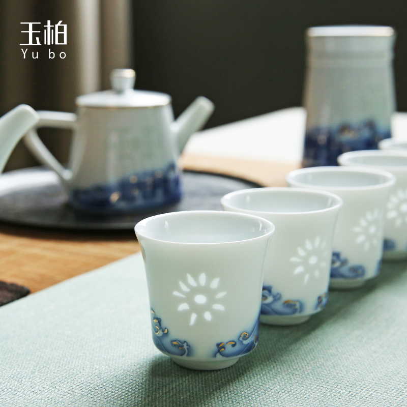 Jade cypress jingdezhen blue and white and exquisite porcelain white porcelain kung fu tea cups ceramic tea set Chinese office