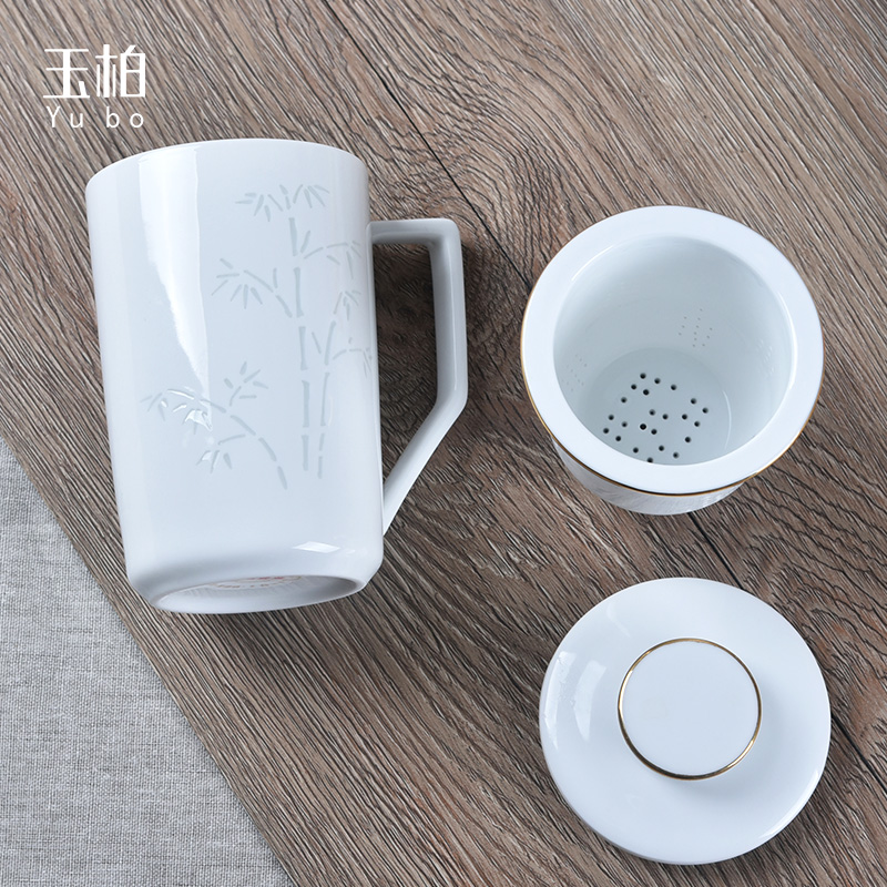 Jade cypress jingdezhen linglong cup with cover belt filter tea cups separation ceramic creative office cup of bamboo