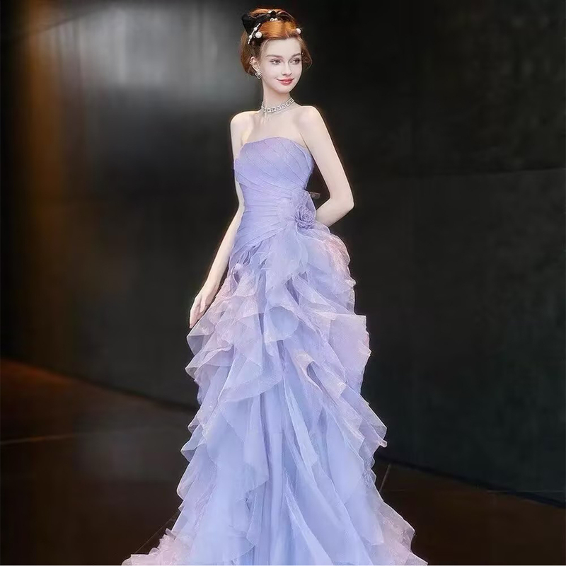 Purple Evening Dress for Women, High-End Strapless Engagement Dress, Super Fairy-Like Temperament, Bridal Robe, Birthday Coming-Of-Age Ceremony Host Purple Evening Dress for Women, High-End Strapless Engagement Dress, Super Fairy-Like Temperament, Bridal Robe, Birthday Coming-Of-Age Ceremony Host