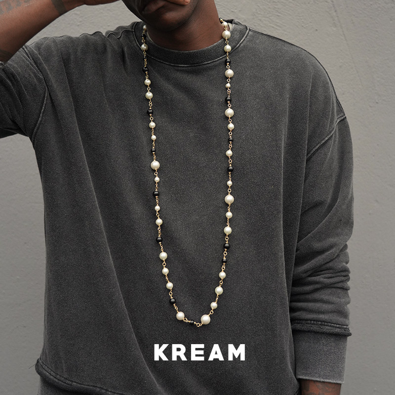 kream lengthy can be stacked with black and white transparent stitching pearl necklace refining hip-hop men and women with sweater refining ins