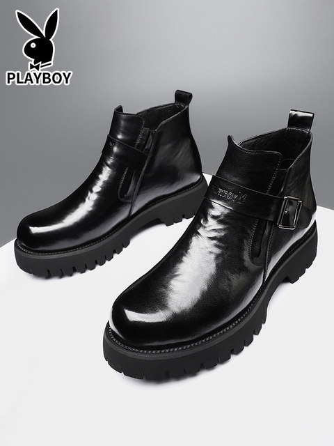 Playboy Martin Boots 2024 New Winter Plus Fleece Leather High Top Trendy Thick Sole Working Chelsea Boots Men