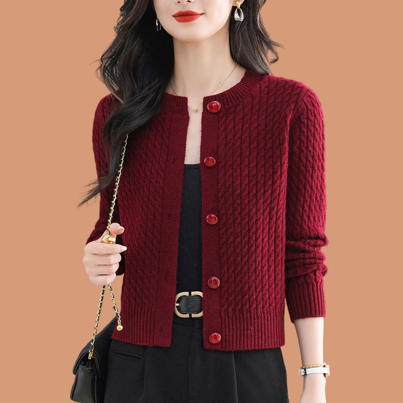 Ordos City's New Autumn and Winter Pure Wool Sweater Knitted Cardigan for Women, Round Neck Sweater for Petite Figures, Outerwear Sweater