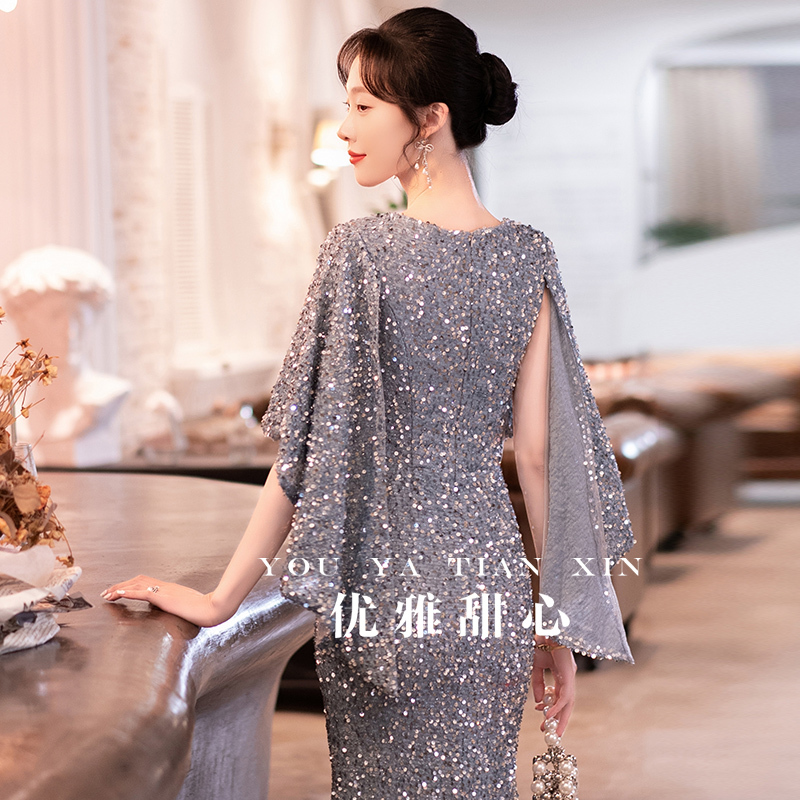 Banquet Evening Dress for Women, V-Neck, Niche, Light Luxury, High-End, Fishtail Sequin, Socialite Birthday, Elegant Hostess Dress