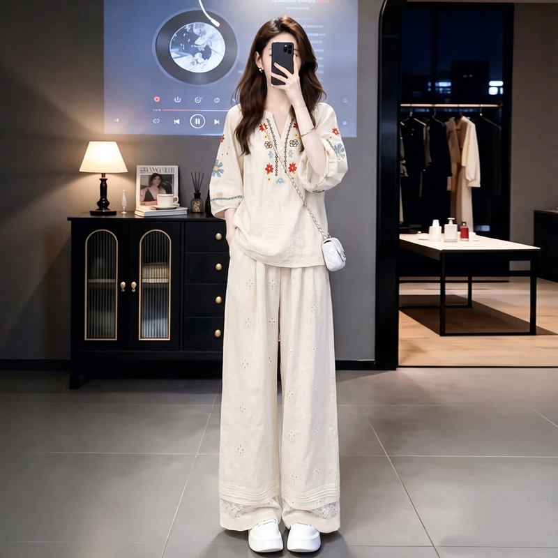 Ethnic Style Linen Embroidered Suit for Women, Summer Loose Fit, Slimming, Age-Reducing, Elegant, Casual, Three-Quarter Sleeves, Wide-Leg Pants Two-Piece Set Ethnic Style Linen Embroidered Suit for Women, Summer Loose Fit, Slimming, Age-Reducing, Elegant, Casual, Three-Quarter Sleeves, Wide-Leg Pants Two-Piece Set