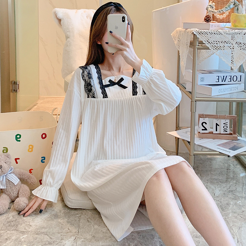 Spring and autumn pajamas women's pure cotton long-sleeved mid-length princess wind nightdress women's collar student autumn and winter long skirt home service