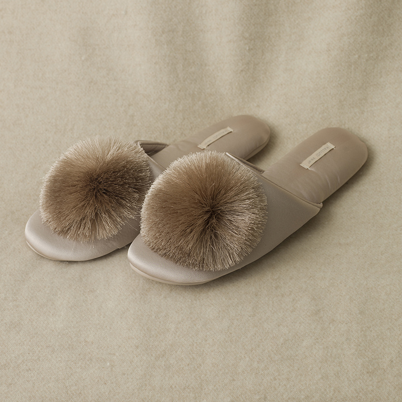 Halluci Art Silk Gold Powder Family Light Luxury Satin Velvet Pom-Pom Home Slippers High-End Vintage Palace Style