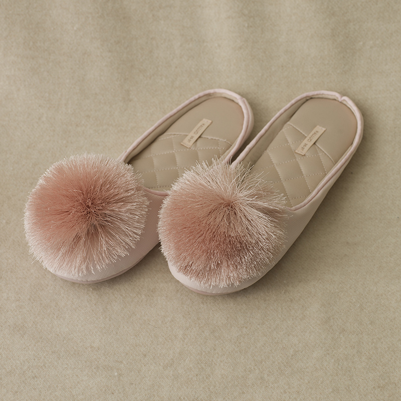Yibo Halluci Velvet Tassel Fur Ball Satin Home Slippers for Women, Light Luxury Wedding Bridal Shoes