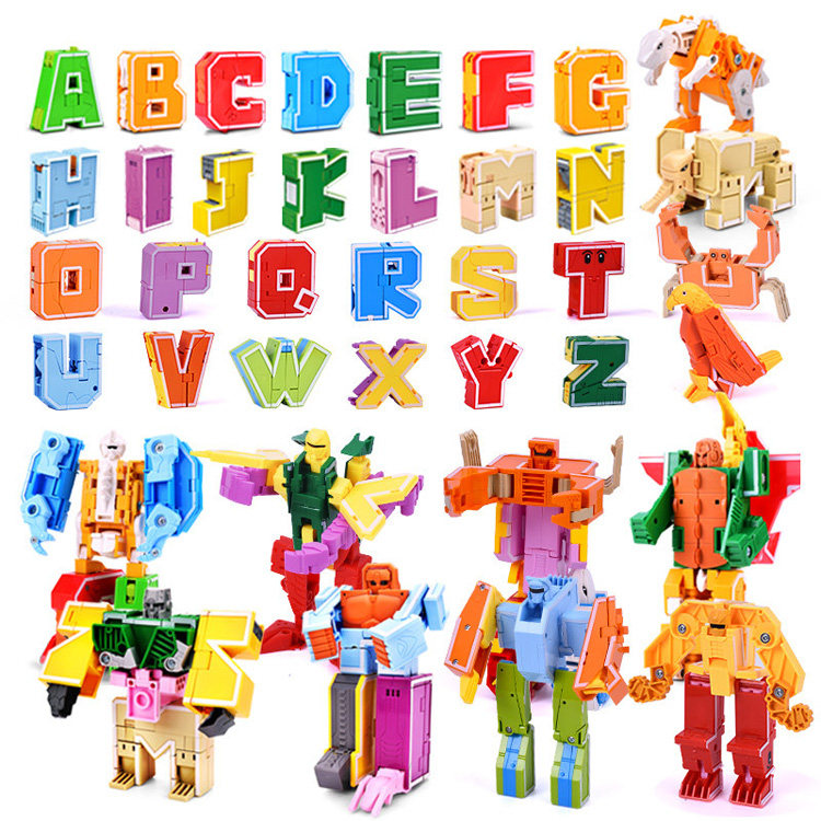 New Lenew Diamond Team 26 English Alphabet Dinosaur Puzzle Deformation Robot Early Teaching Building Block Suit 2918