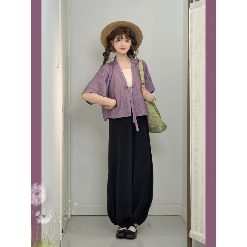 Original Design by Huaxiangzhi: Improved Tang-Style Blouse with Front Closure, Short Shirt, Everyday Lantern Pants with Elastic Waist, Summer Commuting Outfit