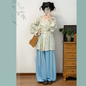 
Hua Xiangzhi [Tang Hua Ge] Tang Dynasty Tencel Short Round Neck Robe Bloomers Hanfu Suit Daily Spring and Summer Commuting