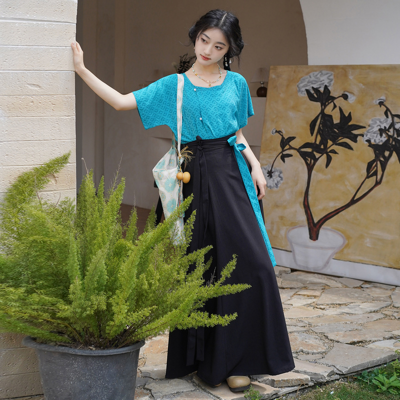 Huaxiangzhi Original Half-Sleeve Short Shirt Tang-Style Shirt with a Round Neck for Summer Daily Wear and Commuting, Improved Hanfu Eight-Panel Skirt Set for Women
