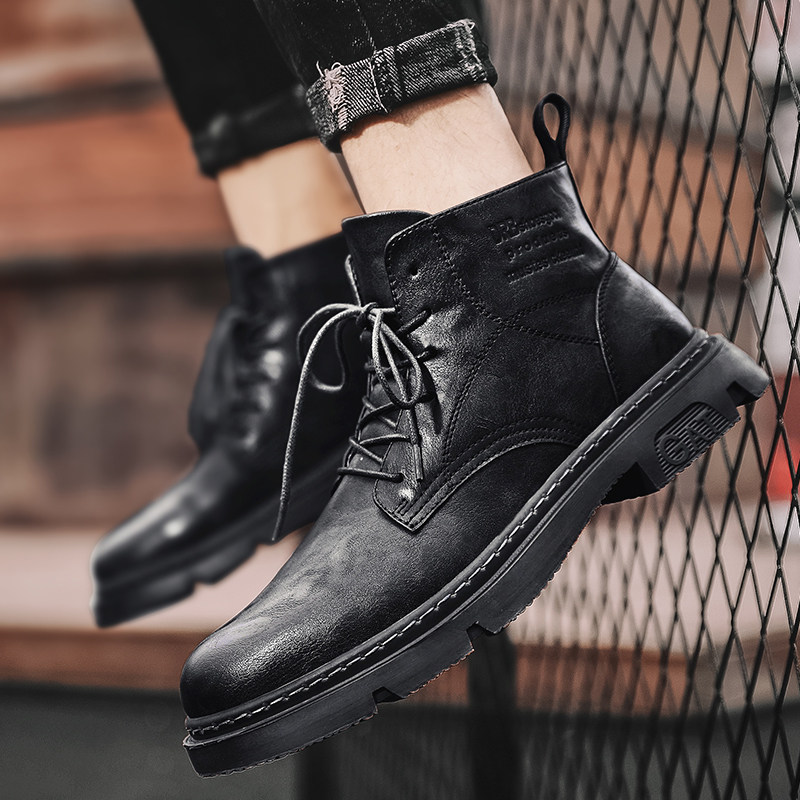 Red-Brown Martin Boots for Men, Winter High-Top Retro British Style Men's Work Boots, Trendy Motorcycle Mid-Top Leather Shoes