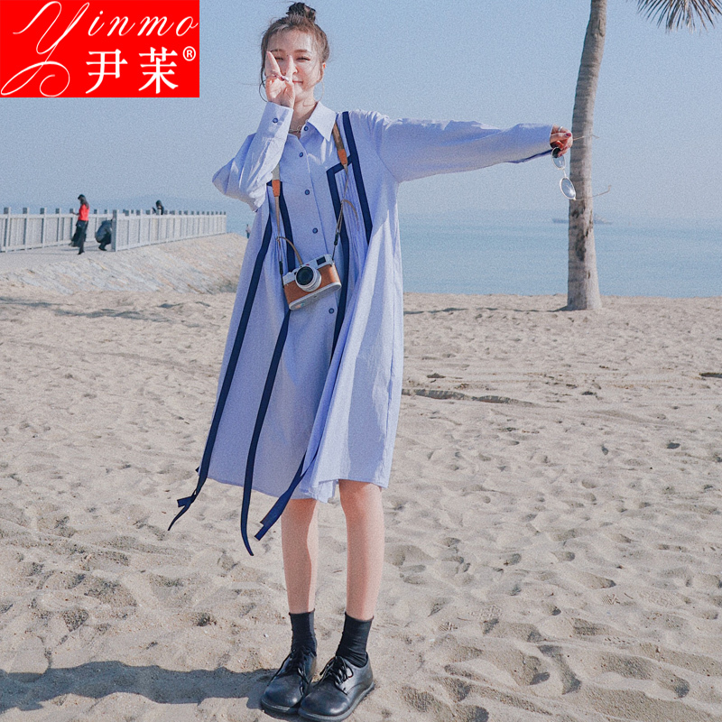 Internet Celebrity Age-Reducing Shirt Dress for Women, Spring Mid-Length 2026 New Long-Sleeved Ribbon Fashion Loose Korean Style Dress