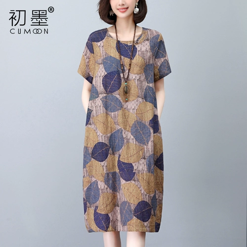 垂坠感连衣裙2024新款夏季中年妈妈大码棉麻风气质遮肚子减龄裙子