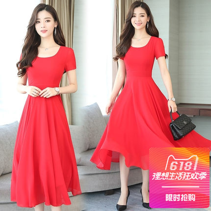 夏季中长新款2018雪纺红色连衣裙收腰显瘦韩