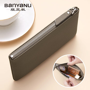 Large capacity zippered wallet storage bag for women, retro simple lychee pattern head layer cowhide super soft clutch for women