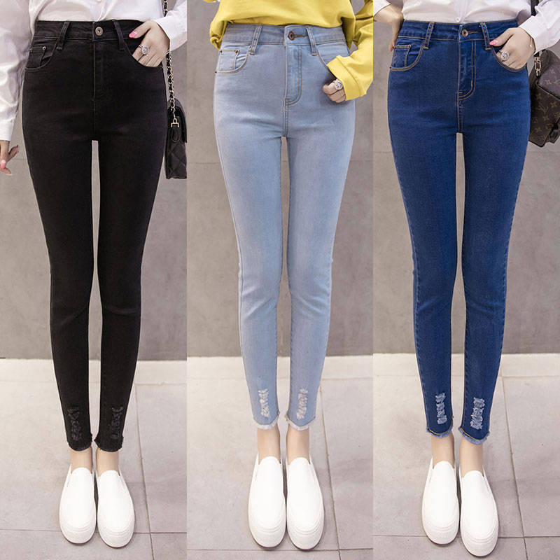 Autumn and winter new women's Korean version of self-cultivation students small feet hole elastic tight nine-point high waist jeans women