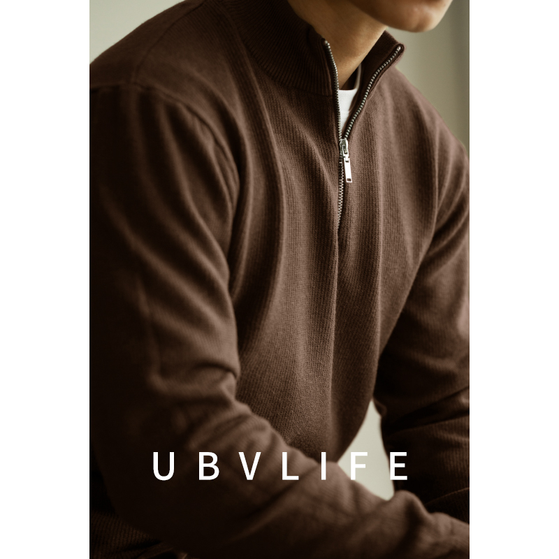 Ubv Retro Heavy Half-Zip Men's Knitted Jacket 2025 Autumn New Casual Warm Sweater Cardigan for Men