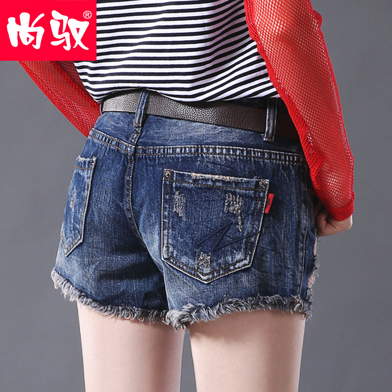 Shang Yi denim quần short nữ mùa hè mỏng 2020 mới của Hàn Quốc phiên bản của eo cao hiển thị mỏng lỗ đang lớn quần thẳng lỏng nóng