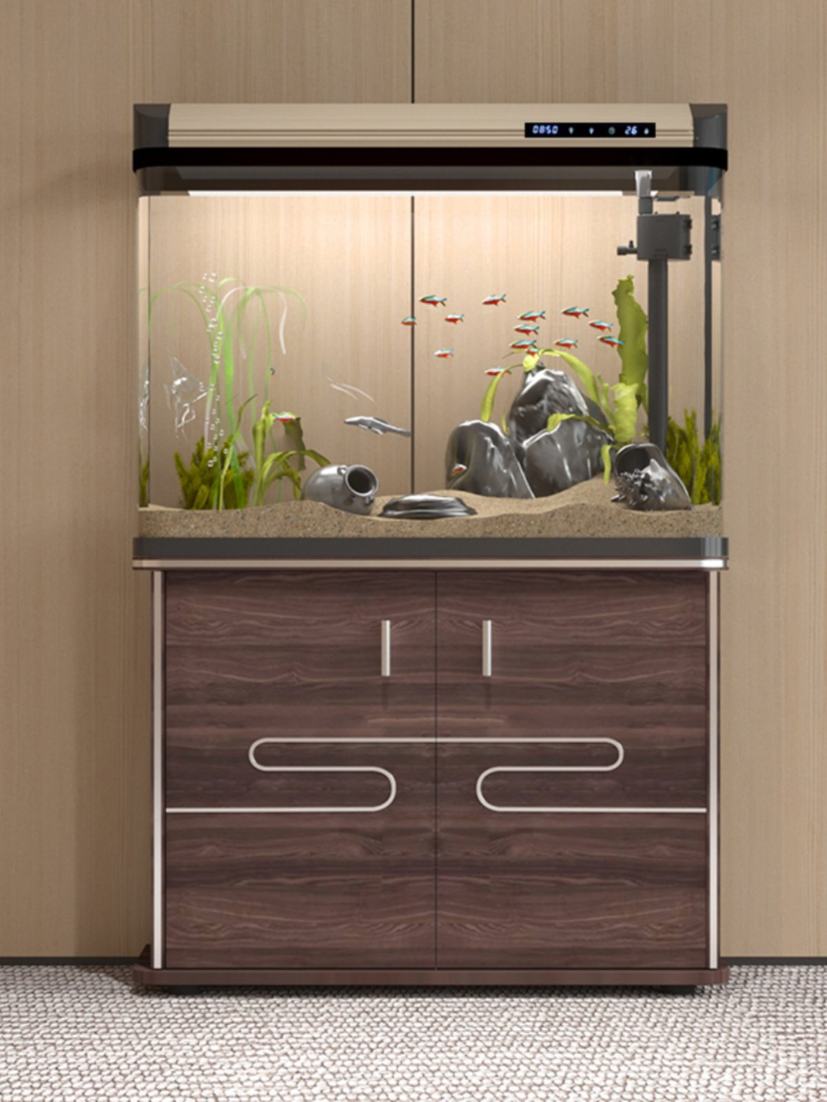 Fish Tank with Cabinet for Living Room, Small to Medium-Sized, Household Floor-Standing, No Need to Change Water, Glass Aquarium, 2023 New Model, Creative Goldfish Tank