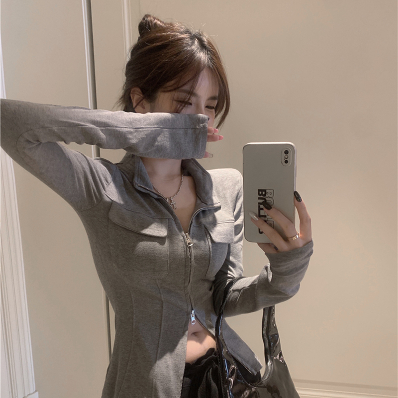 Gray Polo Collar Knitted Cardigan Jacket for Women, Autumn 2026 New Style, Zipper, Slim Fit, Waist-Cinching, Short Top