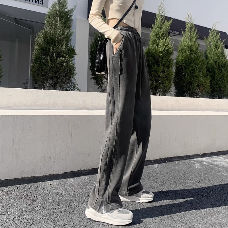 Women's Fleece-Lined Sweatpants for Fall and Winter 2026, New Style for Petite Figures, Slim-Fit Wide-Leg Pants with Slits, Casual Straight-Leg Long Pants