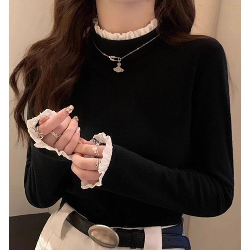 ハーフタートルネックドイツベルベットボトムシャツ女性のための 2024 秋と冬の新しいスリムフィットインナーレース長袖 Tシャツトップ