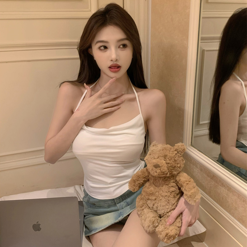 White Halter Neck Camisole for Women, Summer Inner Wear or Outer Wear, Tie-Up Anti-Exposure Backless Bra Top