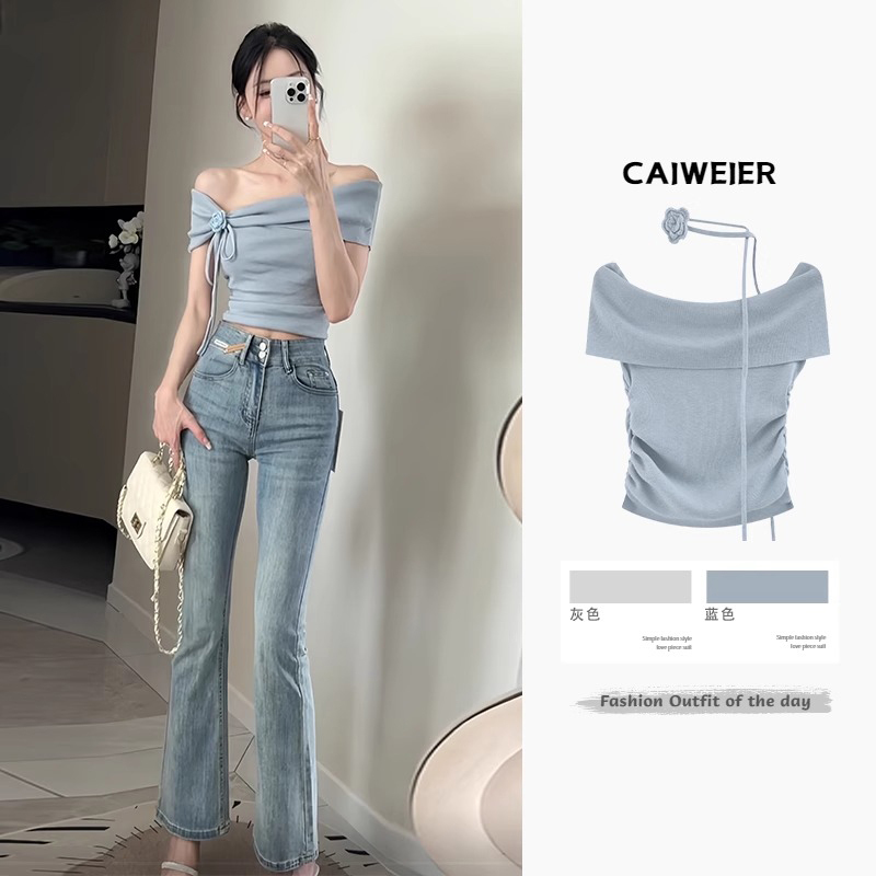 Blue Short-Sleeved T-Shirt for Women 2026 New Popular Summer Slim Fit High-Waisted Crop Top with Off-Shoulder Design