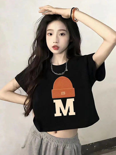 Black Short-Sleeved T-Shirt for Women 2025 New Popular Summer Loose Fit High-Waisted Half-Sleeve Short Top for Petite Figures