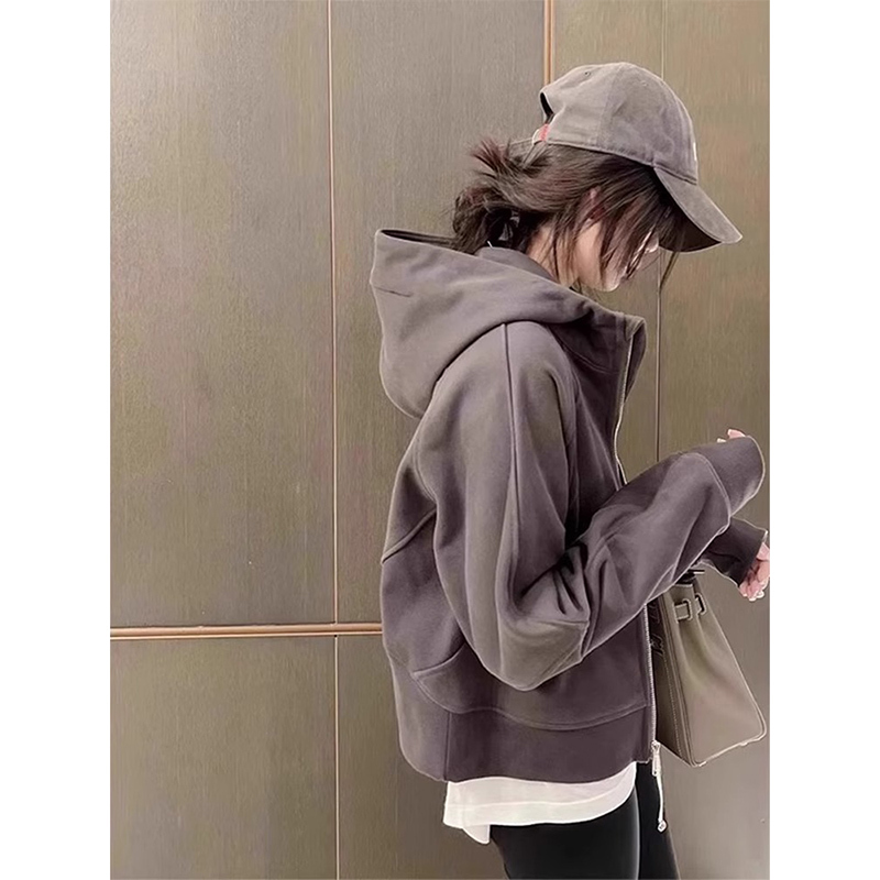 Gray Hooded Sweatshirt Cardigan Jacket for Women 2026 Autumn New American Retro Loose Lazy Style Long-Sleeved Top