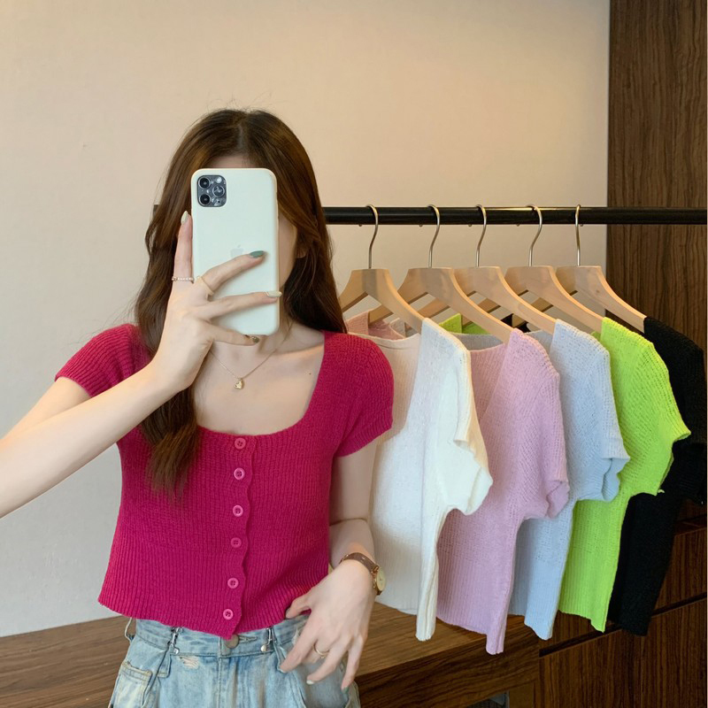 Dragon Fruit Color Square Neck Short-Sleeved T-Shirt for Women, Summer 2026 New Style, Rose Red Knitted Colorful Half-Sleeve Short Top