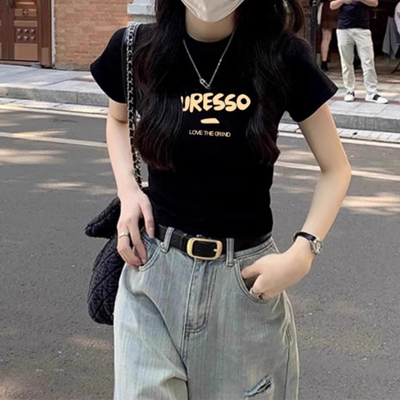 American-Style Black Pure Cotton Printed Short-Sleeve T-Shirt for Women, 2026 Summer New Slim-Fit Half-Sleeve Short Top with Regular Shoulders American-Style Black Pure Cotton Printed Short-Sleeve T-Shirt for Women, 2026 Summer New Slim-Fit Half-Sleeve Short Top with Regular Shoulders